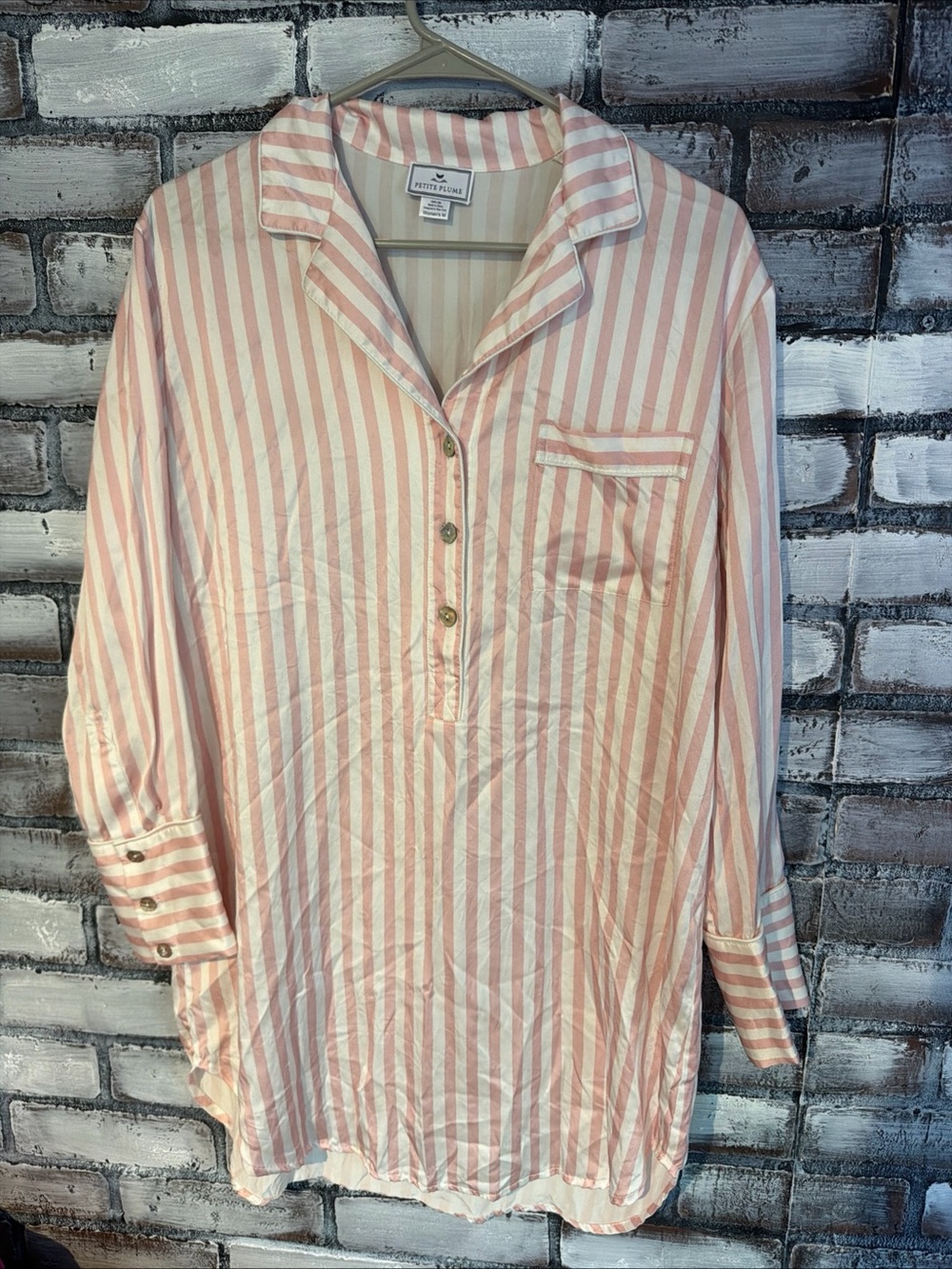 Petite Plume Mulberry 100% Silk Pink Stripe Nightshirt Sleepwear Women Size M
